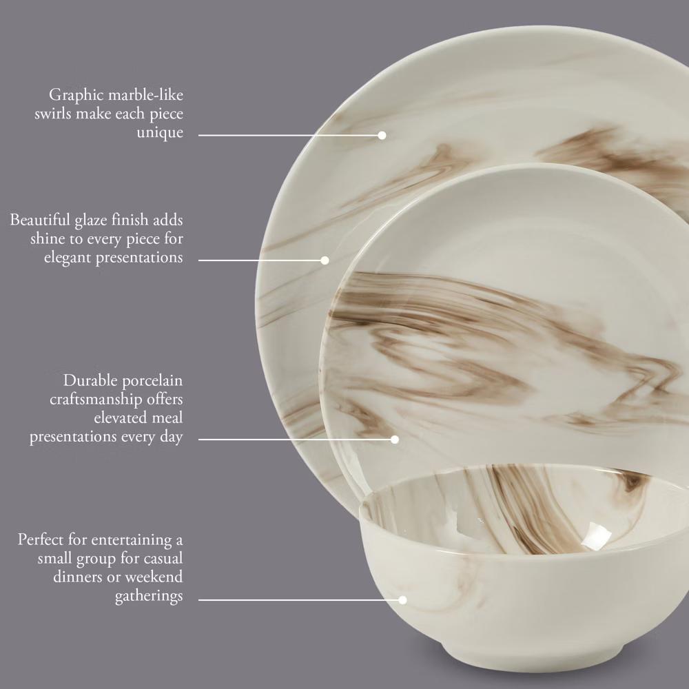 Cloudlight 12 Piece Plates and Bowls Dishes Brown and White - Decorated Porcelain Ceramic Dinnerware Set - Service for 4 - Image 2