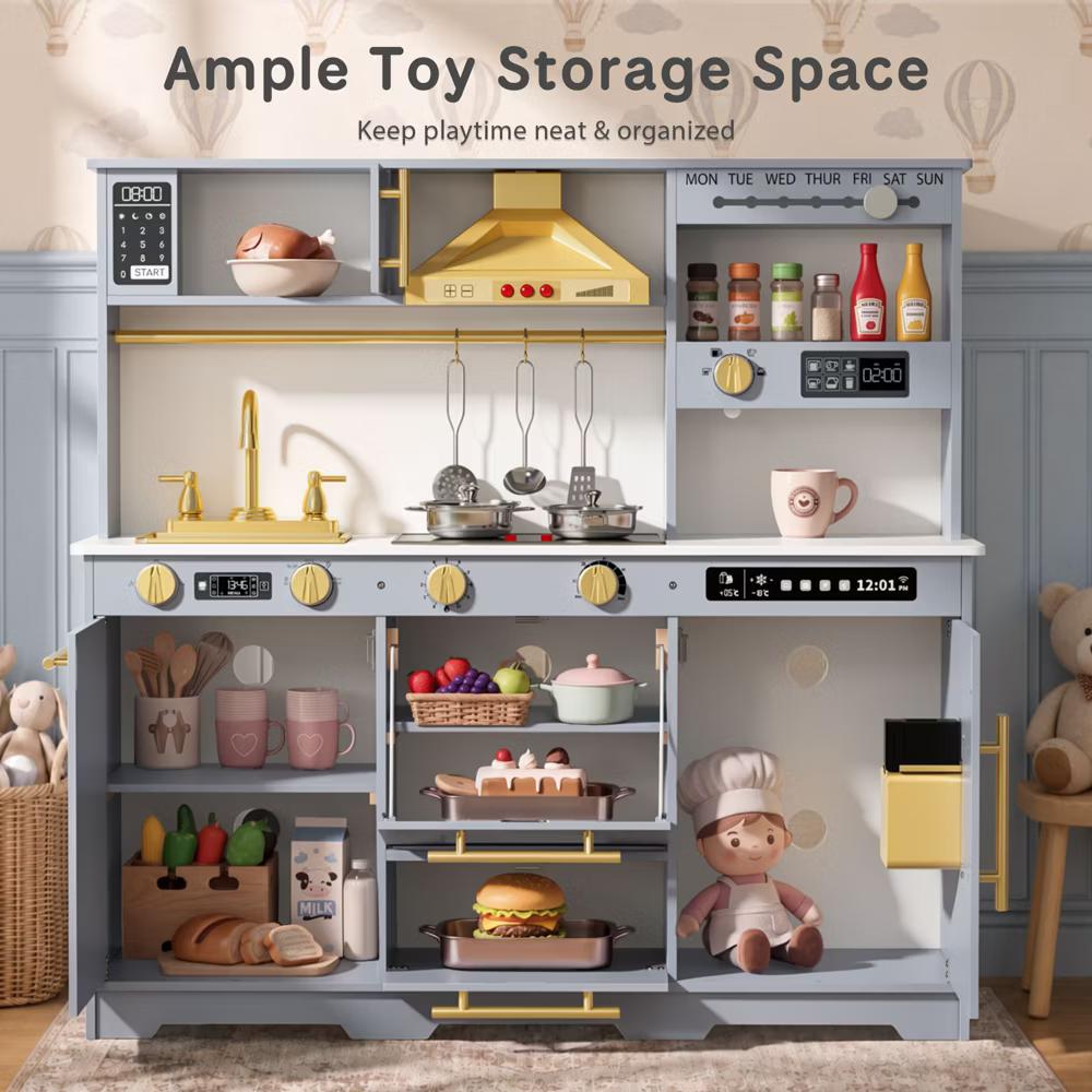 Wooden Play Kitchen for Kids with Running Water Sink, Interactive Stove, Ice Maker, Microwave, Oven & Dishwasher, Ages 3+ - Image 35