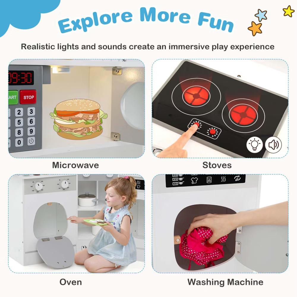 Corner Kitchen Playset with Coffee Machine Oven Microwave Washing Machine White/Brown/Pink - Image 24
