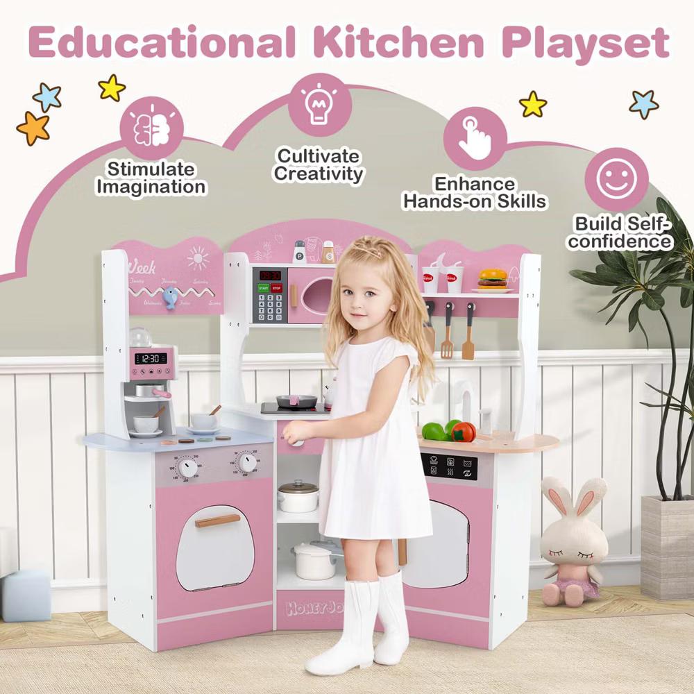 Corner Kitchen Playset with Coffee Machine Oven Microwave Washing Machine White/Brown/Pink - Image 16