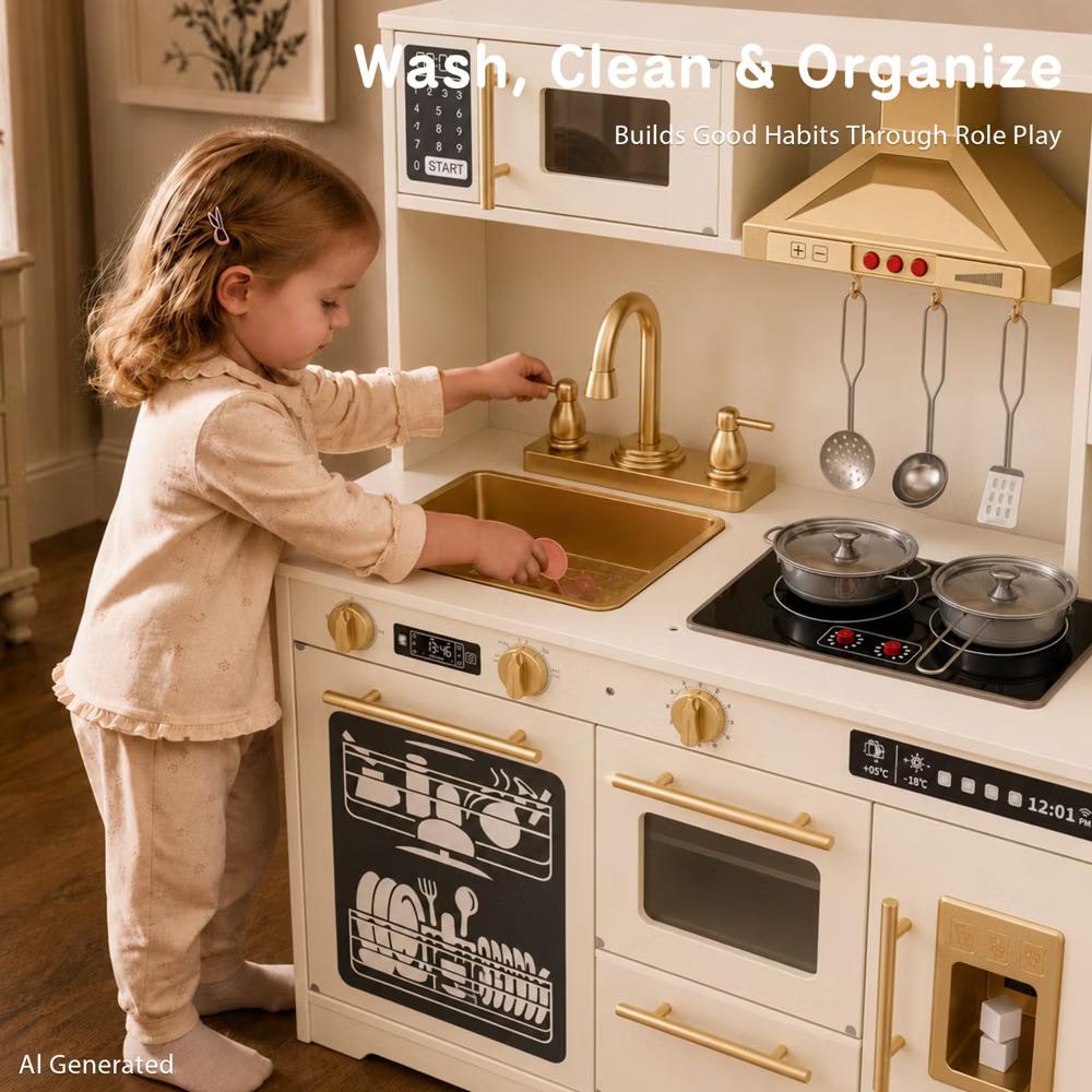 Wooden Play Kitchen for Kids with Running Water Sink, Interactive Stove, Ice Maker, Microwave, Oven & Dishwasher, Ages 3+ - Image 2