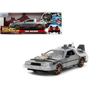 DeLorean Brushed Metal Time Machine (Train Wheel Version) w/Lights "Back to the Future Part III" 1/24 Diecast Model Car
