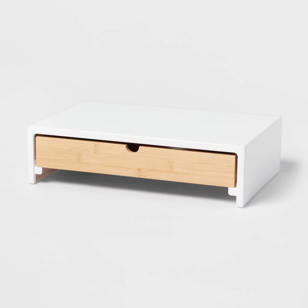 White Monitor Stand with Drawer - Desk Organizer, Office Supplies, Bamboo & Steel, Monitor Riser - Image 2