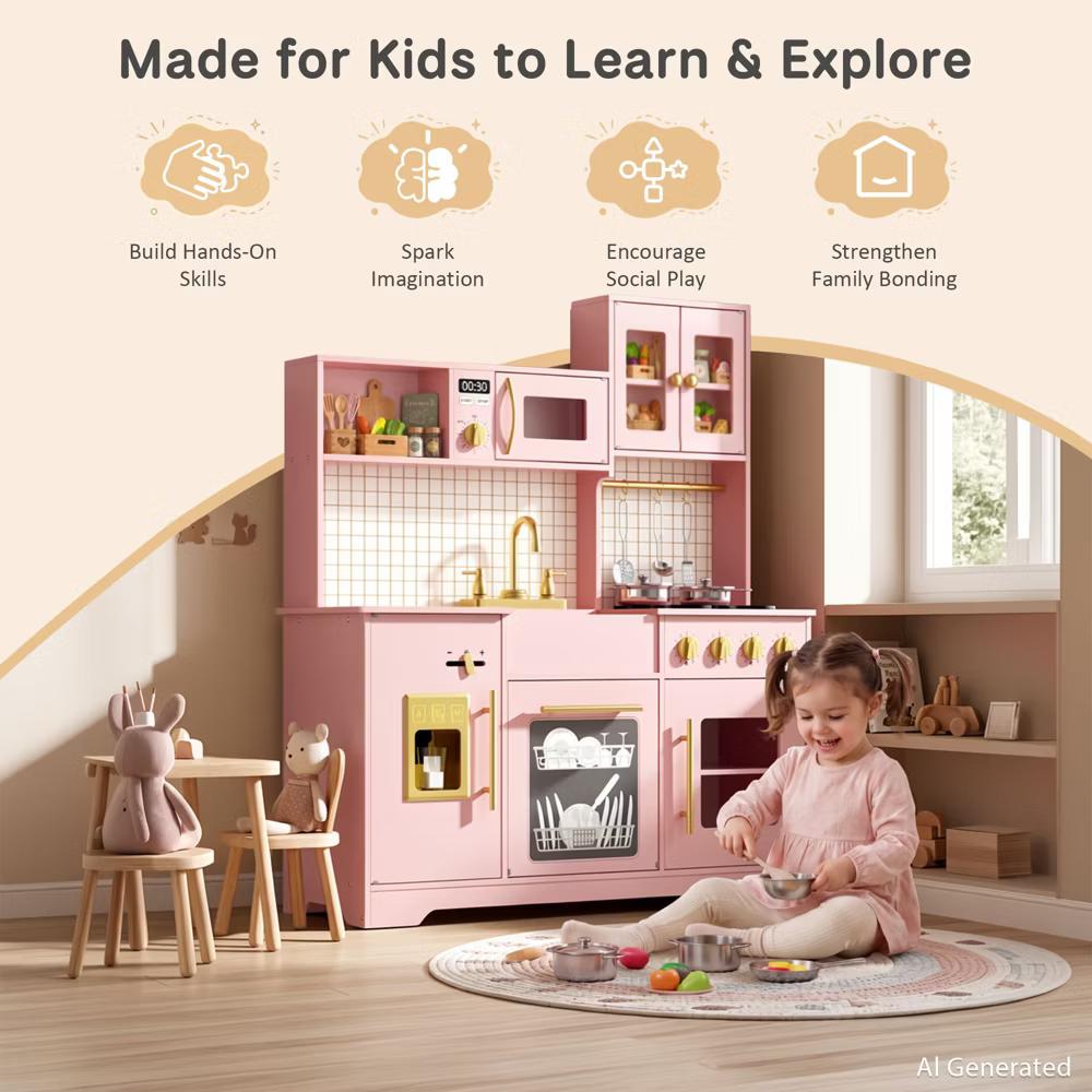 Wooden Play Kitchen with Running Water Sink, Clicking Stove Knobs, Microwave, Oven, Ice Maker & Storage, Ages 3+ - Image 33