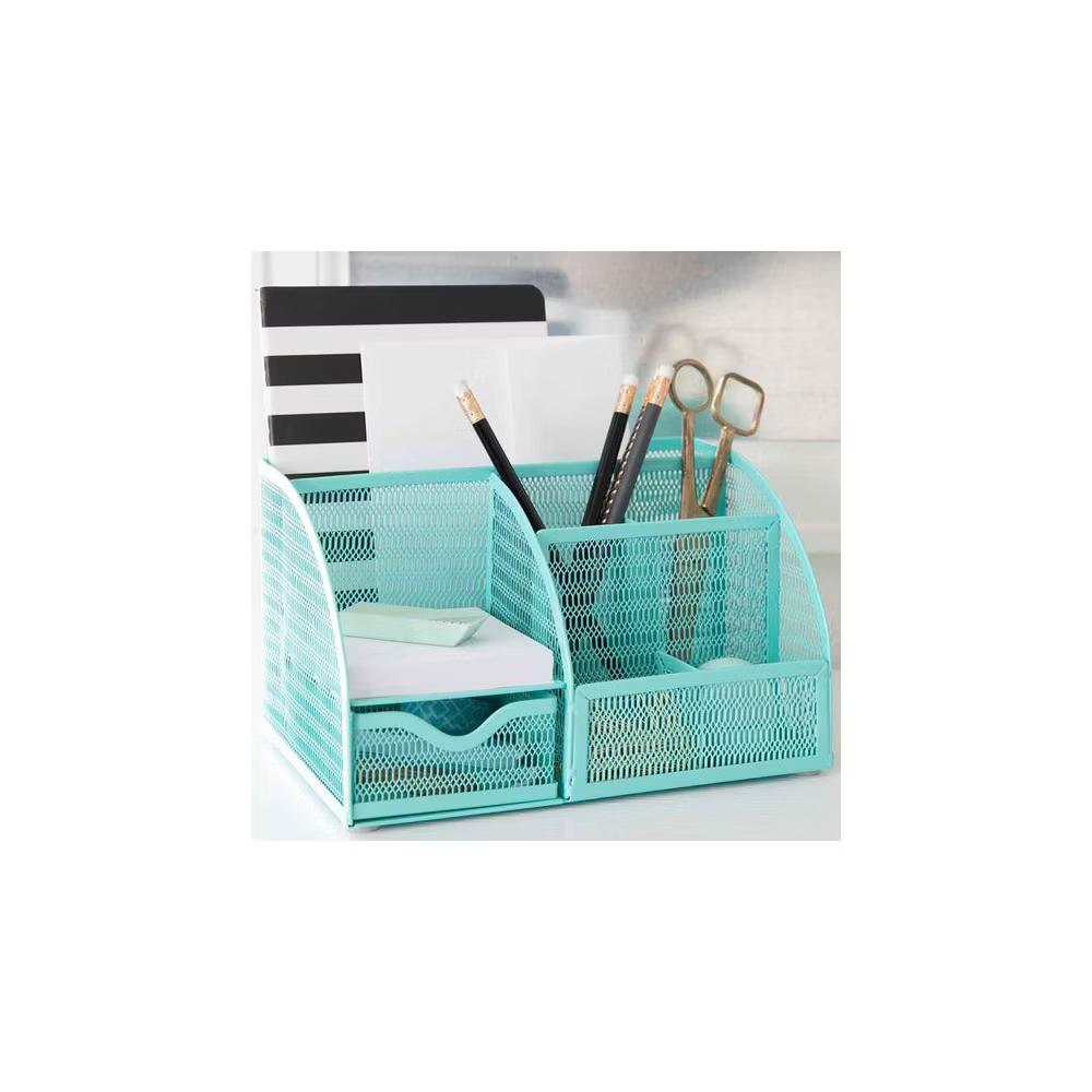 Blu Monaco Desk Organizer with Drawer - Small Metal Mesh Organizer Available in Aqua, Gold, and Pink - Image 2