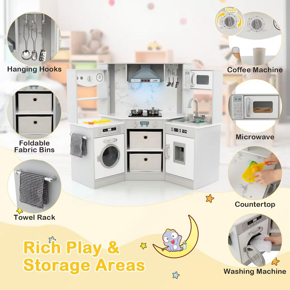 Wooden Kids Play Corner Kitchen with Realistic Lights & Sounds Lighted Range Hood Brown/Grey - Image 17