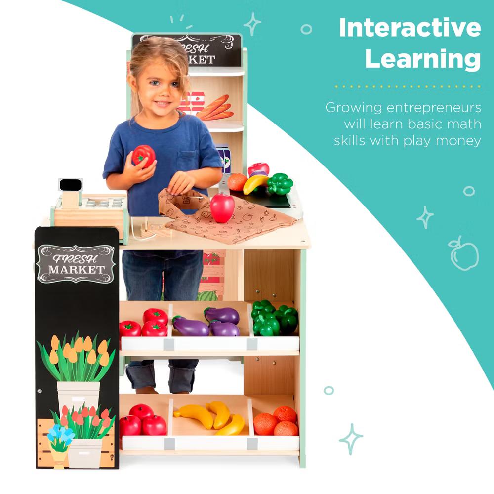 Kids Pretend Play Grocery Store Wooden Supermarket Set w/ Chalkboard, Cash Register - Red - Image 15
