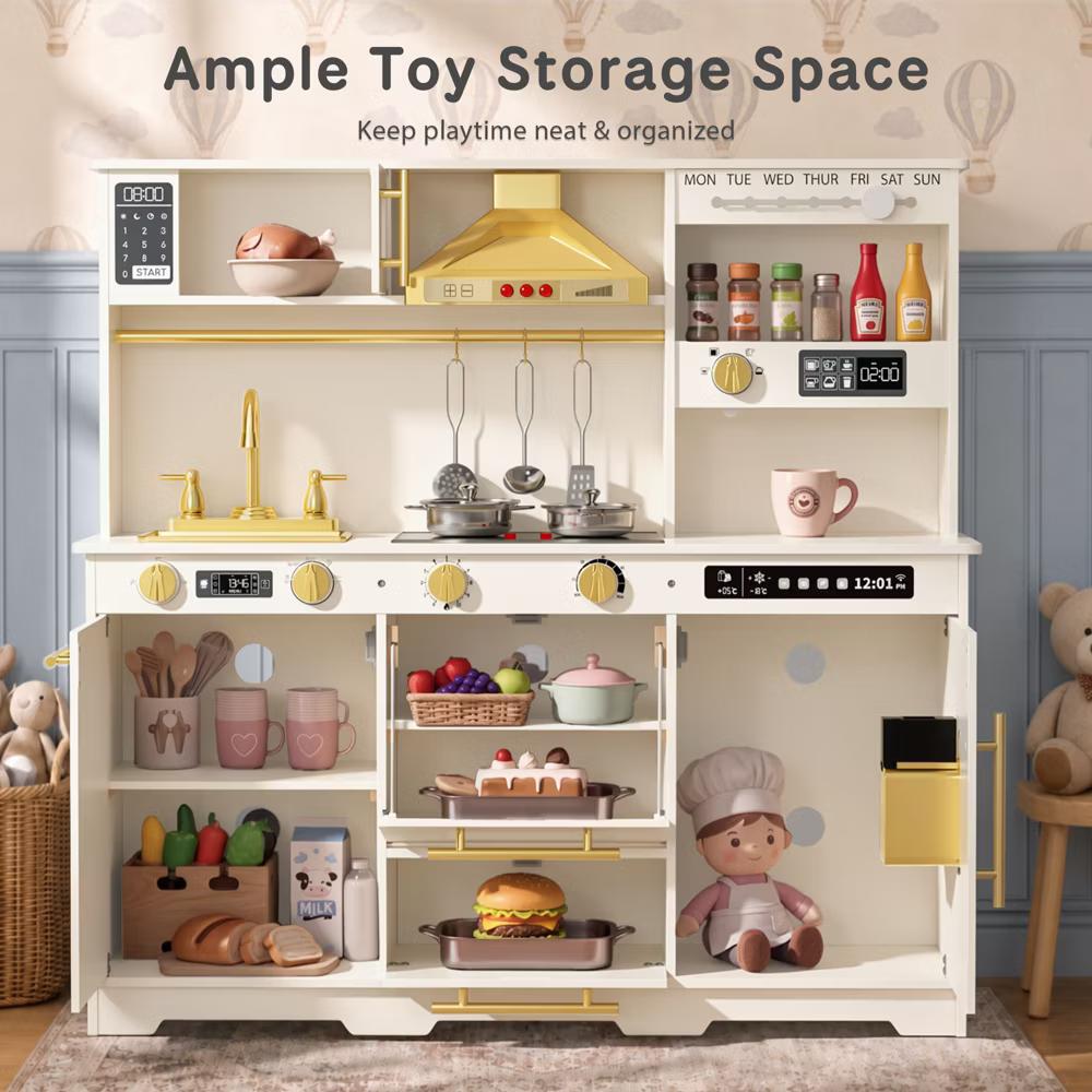 Wooden Play Kitchen for Kids with Running Water Sink, Interactive Stove, Ice Maker, Microwave, Oven & Dishwasher, Ages 3+ - Image 63