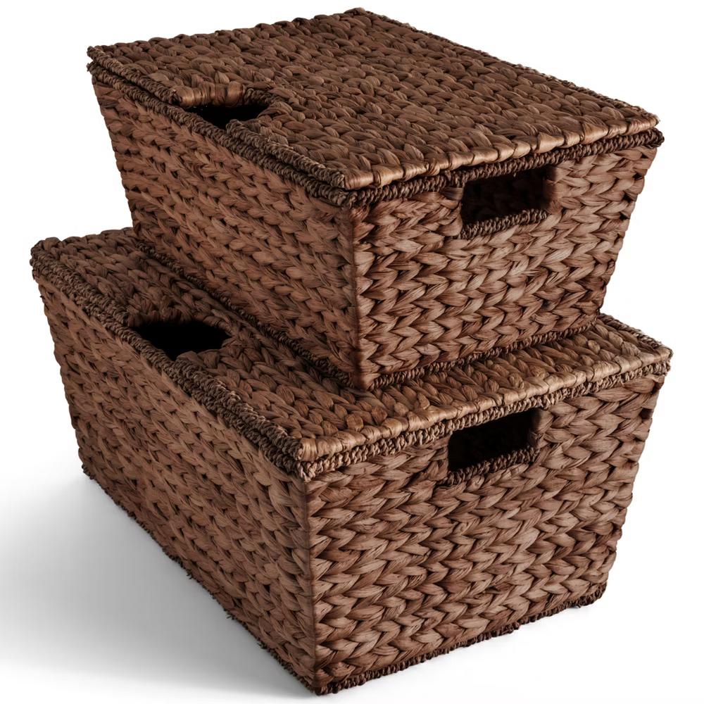 Set of 2 X-Large & Medium Woven Storage Baskets W/Lids, Hyacinth Nesting Organizer Bins - Natural - Image 2