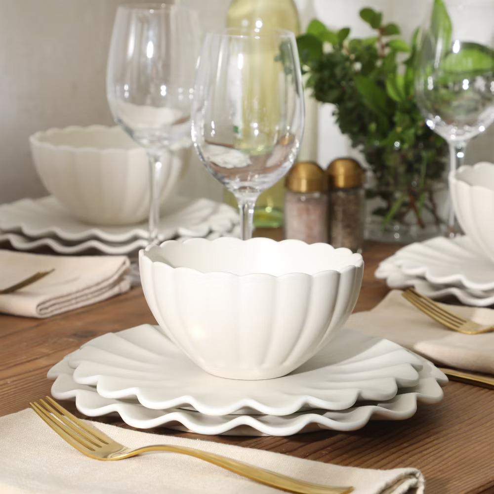 Plates and Bowls Sets, 12-Piece Stoneware Dinnerware Set for 4, Scalloped Dish Set with Dinner Plates, Salad Plates & Bowls - Image 13