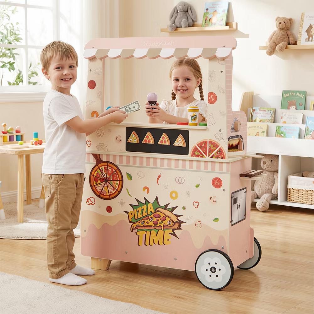 2 in 1 Pretend Play Food Truck Kids Ice Cream & Pizza Cart w/ Canopy Oven