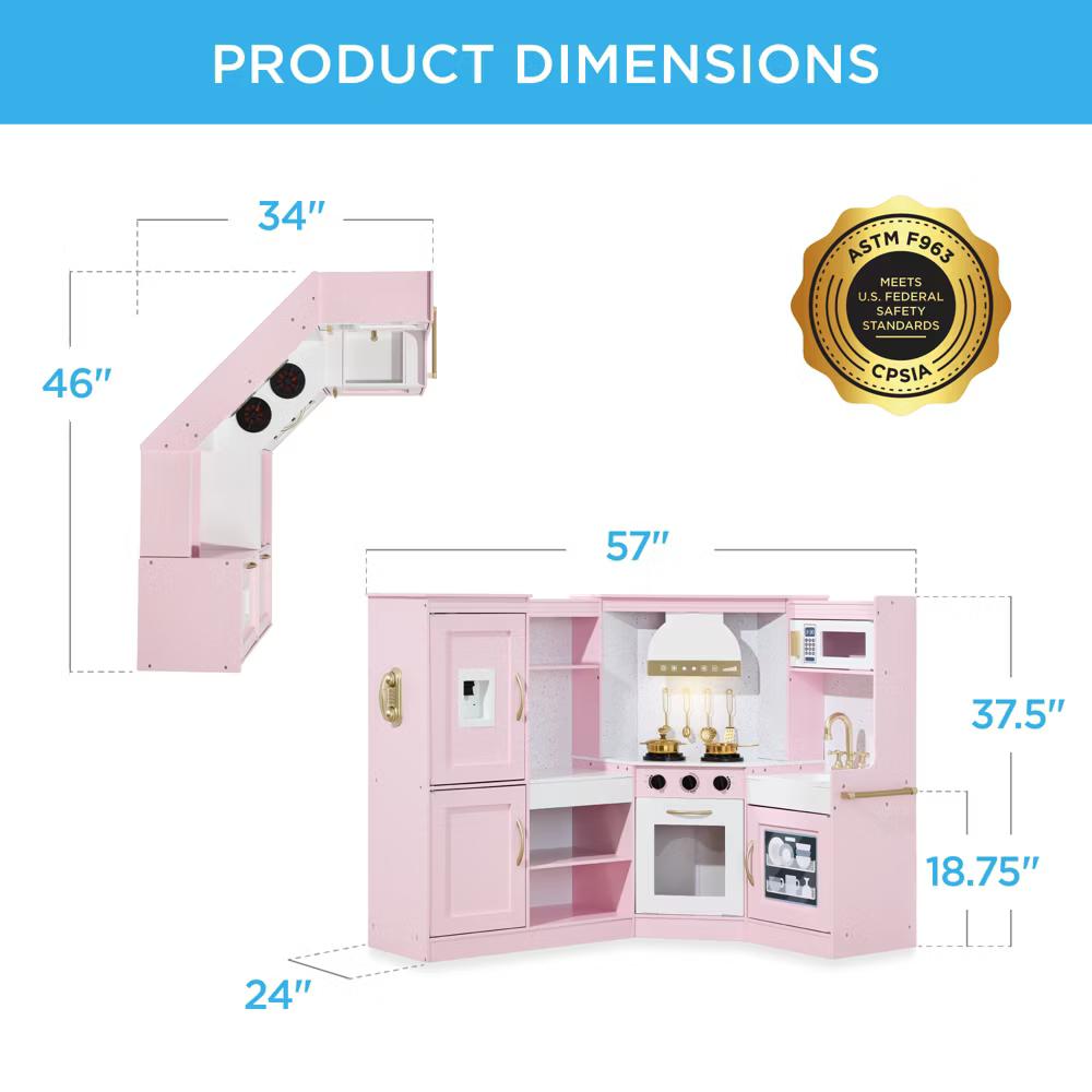 Pretend Play Corner Kitchen, Interactive Wooden Kids Set w/ Lights & Sounds - White - Image 5