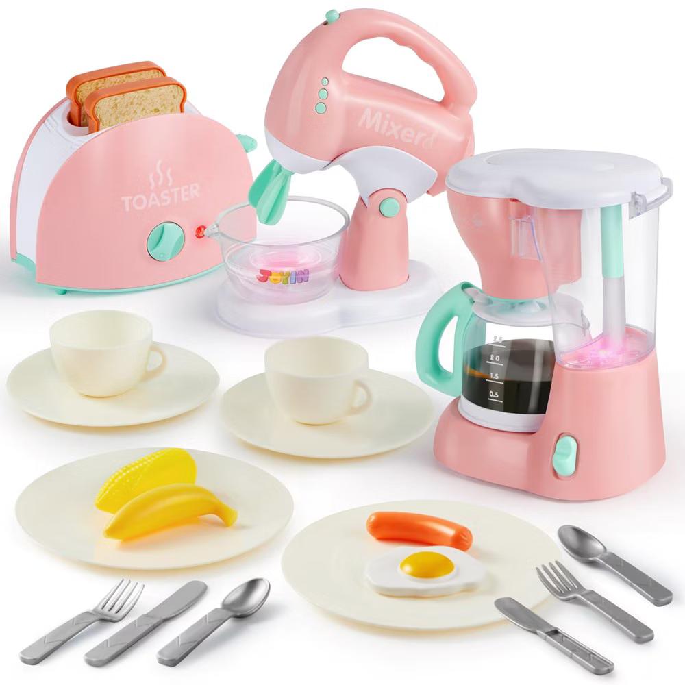 Play Kitchen Toys, Pretend Play Kitchen Appliances Toy Set with Coffee Maker, Mixer, Toaster, Christmas Birthday Gift for Kids Ages 3+,Pink