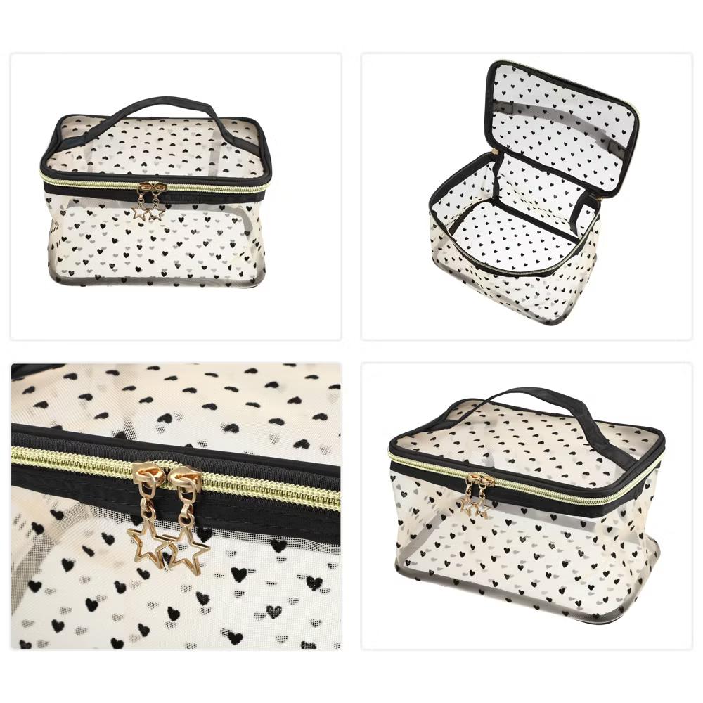 Travel Portable Makeup Bag Heart-Shaped Dots Zipper Closure Beige 1 Pc - Image 5