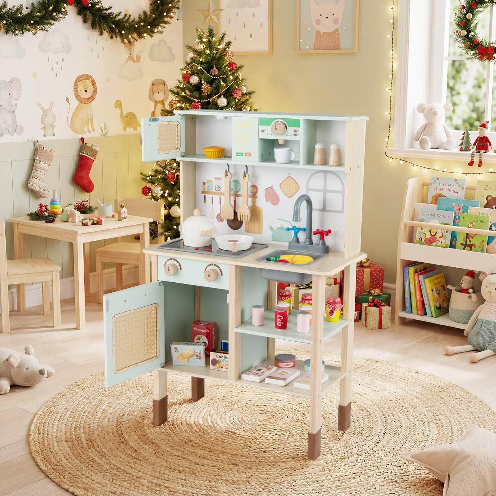 Kids Play Kitchen Wooden Pretend Kitchen Playset w/ Rattan Doors Wood Legs - Image 9