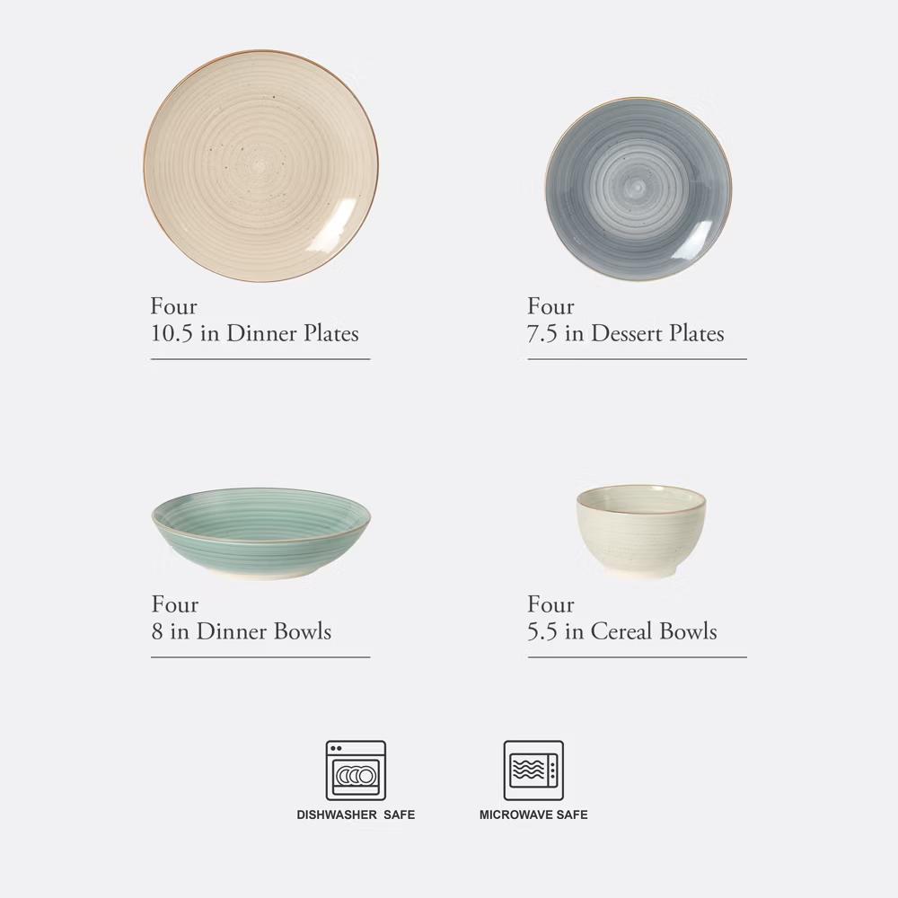 Stonebury 16 Piece Plates and Bowls Assorted Color Dishes - Handpainted Stoneware Dinnerware Set - Service for 4 - Image 9