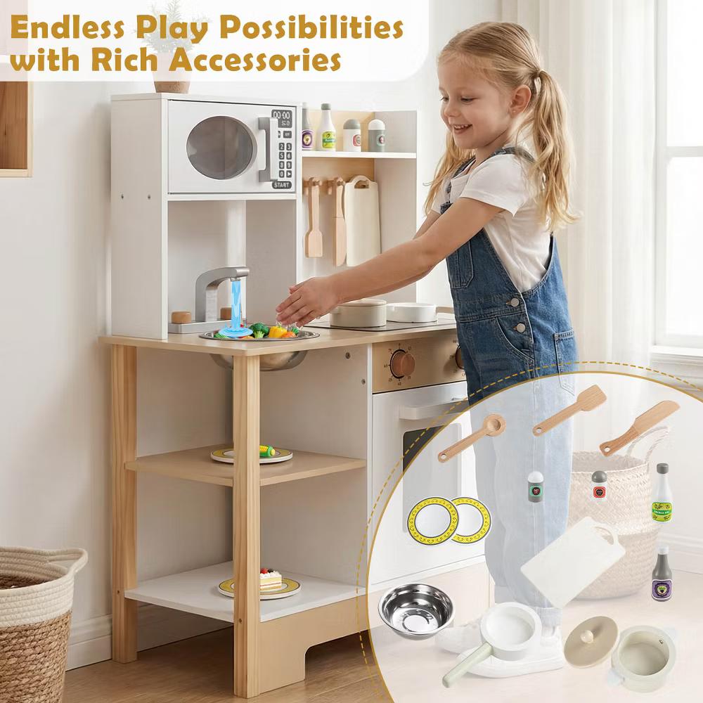 Play Kitchen with Chalkboard Microwave Stove Dish Rack Faucet Sink Accessories White + Natural/Blue/Green + White - Image 13