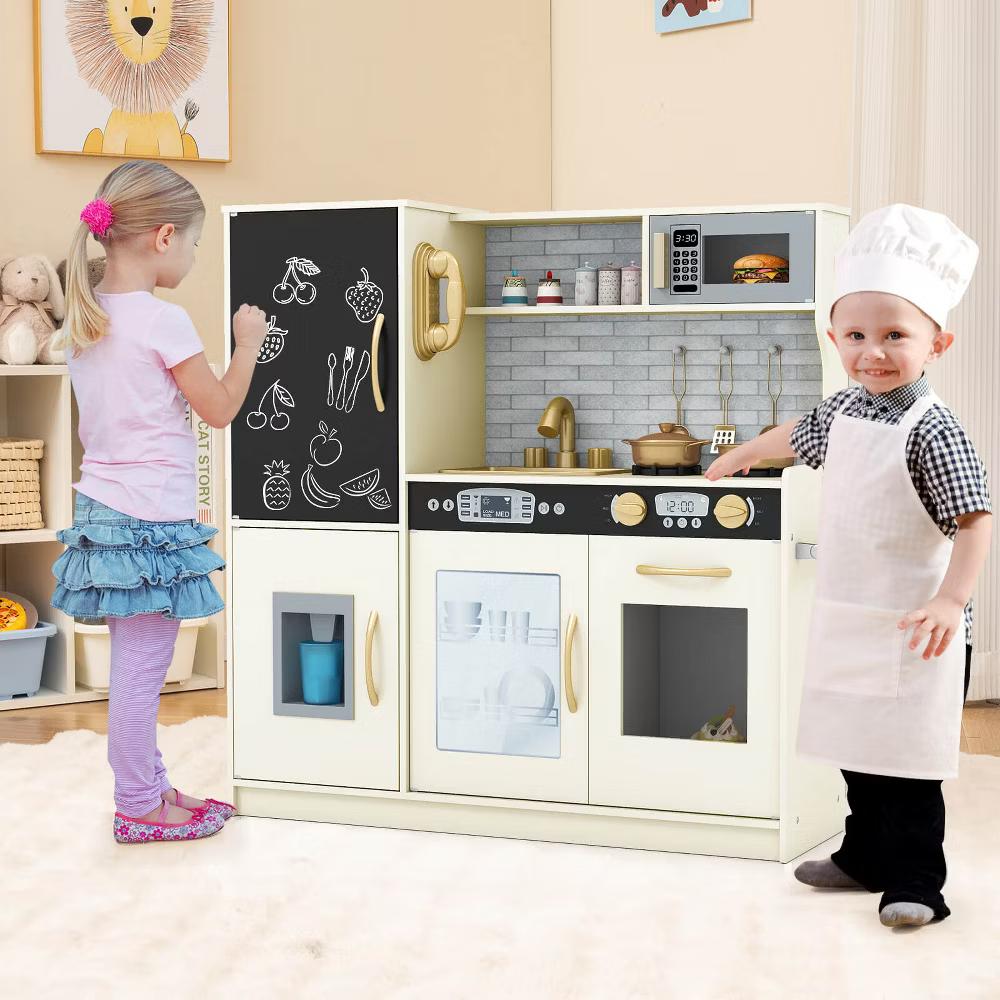 Kid's Pretend Play Kitchen Toddler Kitchen Playset with Blackboard Pink/White/Light Pink/Beige - Image 59