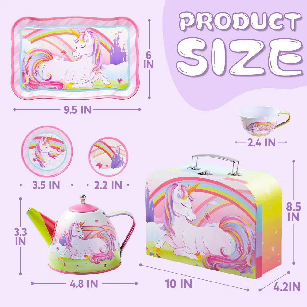 Unicorn Tea Party Set for Little Girls Ages 3-6, 15Pcs Pretend Play Kitchen Toys with Teapot Cups, Plates, Storage Case, Birthday Christmas Gift - Image 4