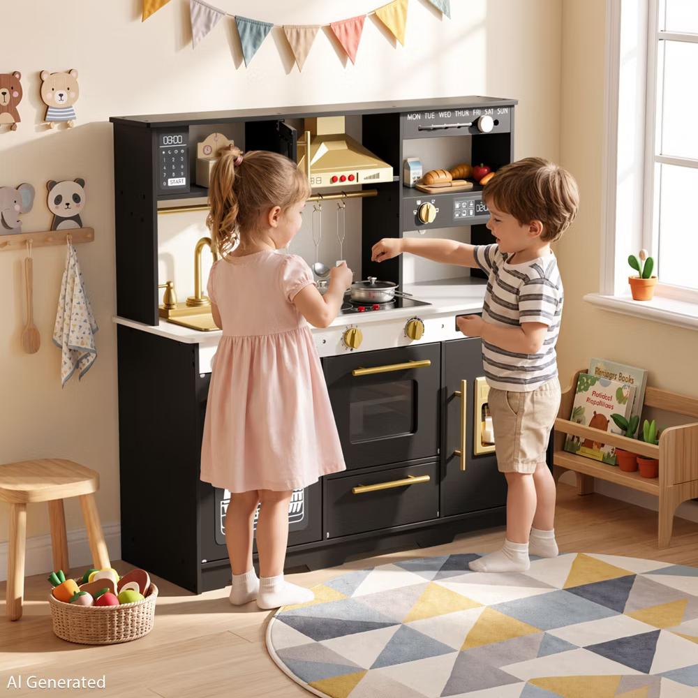 Wooden Play Kitchen for Kids with Running Water Sink, Interactive Stove, Ice Maker, Microwave, Oven & Dishwasher, Ages 3+ - Image 21