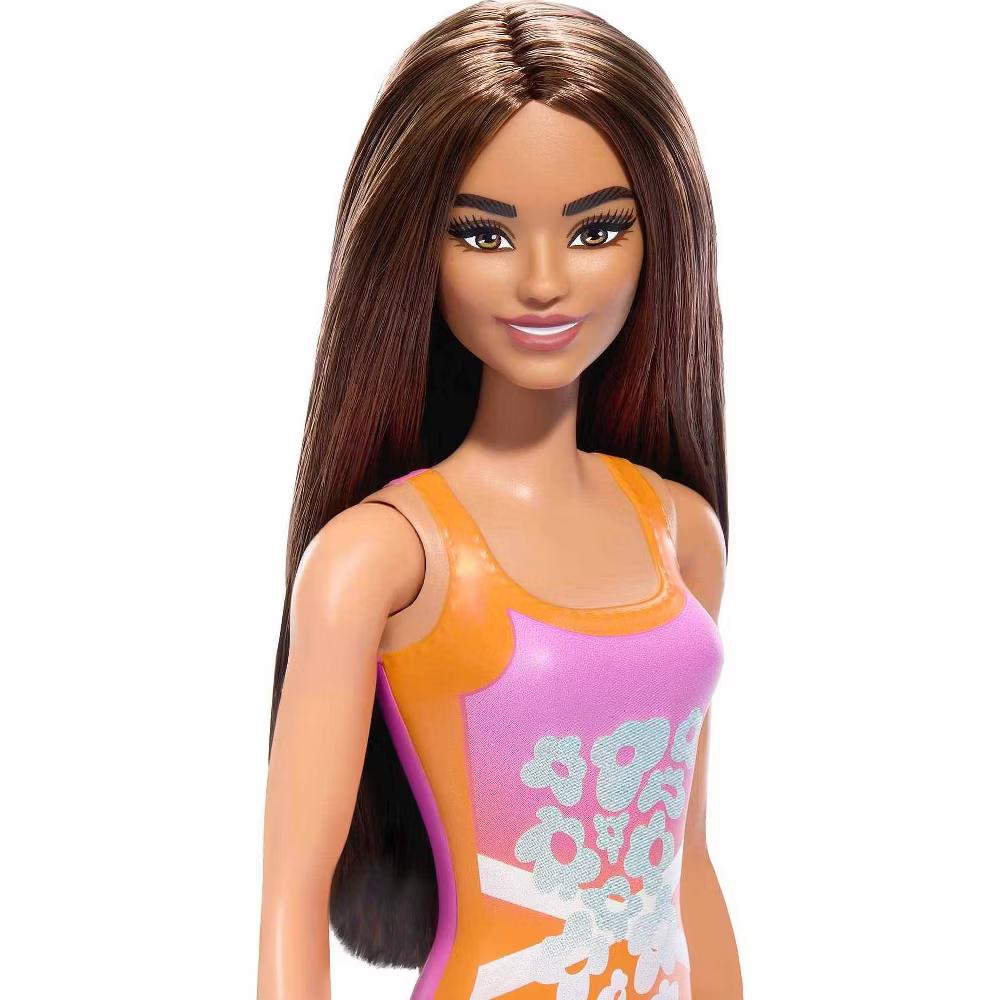12.7" Beach Doll Brown Hair/Brown Eyes Wearing Tropical Pink and Orange Swimsuit - Image 4