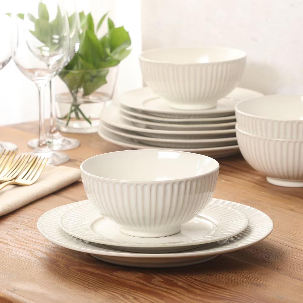 Soleil 12 Piece Linen White Stoneware Dinnerware Set for 4, Plates and Bowls Set with Dinner Plates, Salad Plates and Bowls - Image 2
