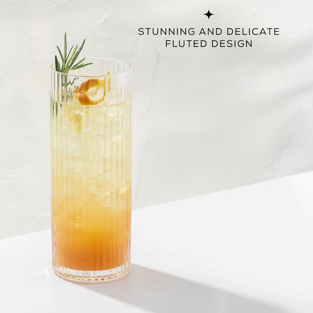 JoyJolt Elle Fluted Highball Juice Tumblers Glass - 16 oz Water Glasses- Set of 2 - Image 4