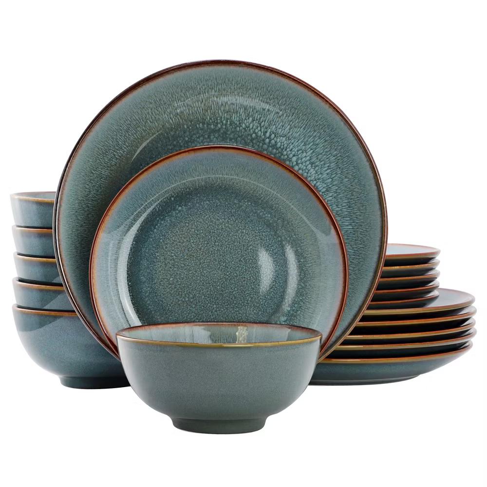 Reactive Glaze Stoneware Dinnerware Set in Blue with Brown Rim - Image 12
