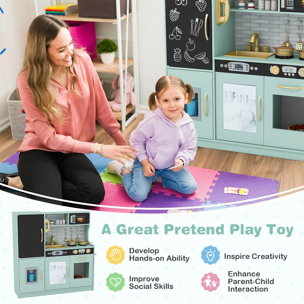 Kid's Pretend Play Kitchen Toddler Kitchen Playset with Blackboard Pink/White/Light Pink/Beige - Image 39