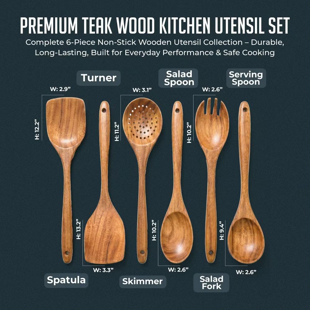 Premium Natural Teak Wood Kitchen Utensil Set, Spoons & Spatula Wooden Cooking Utensils Set, Non-Stick Hand Wash Kitchen Tool Set, 6 Piece Utensil Set - Image 5