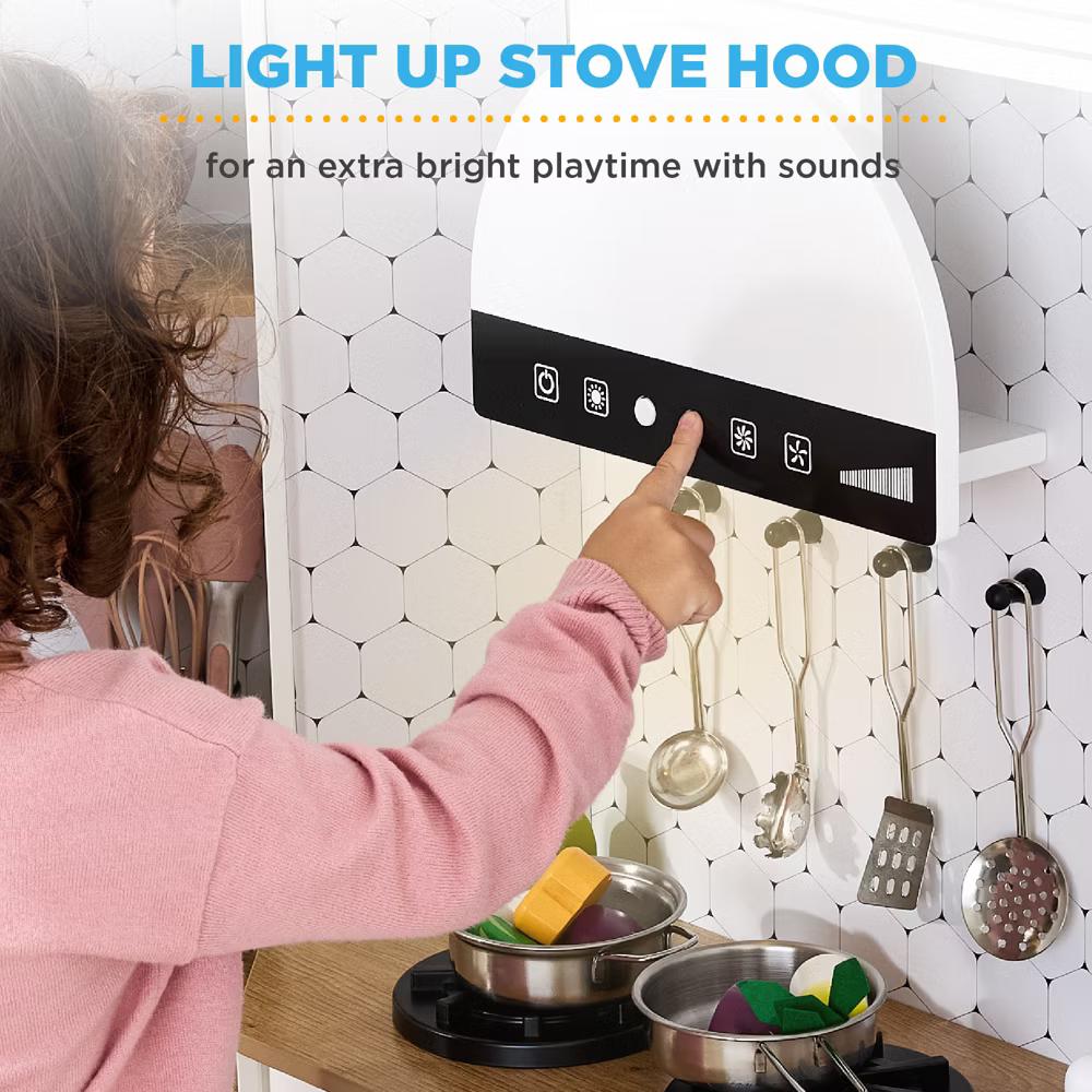 Pretend Play Corner Kitchen, Interactive Wooden Kids Set w/ Lights & Sounds - White - Image 69