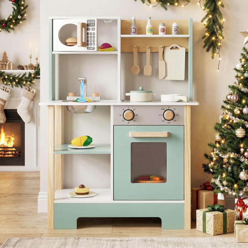 Play Kitchen with Chalkboard Microwave Stove Dish Rack Faucet Sink Accessories White + Natural/Blue/Green + White - Image 6