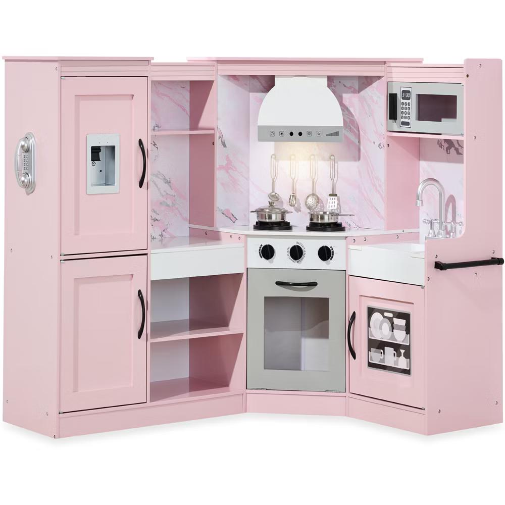 Pretend Play Corner Kitchen, Interactive Wooden Kids Set w/ Lights & Sounds - White - Image 52
