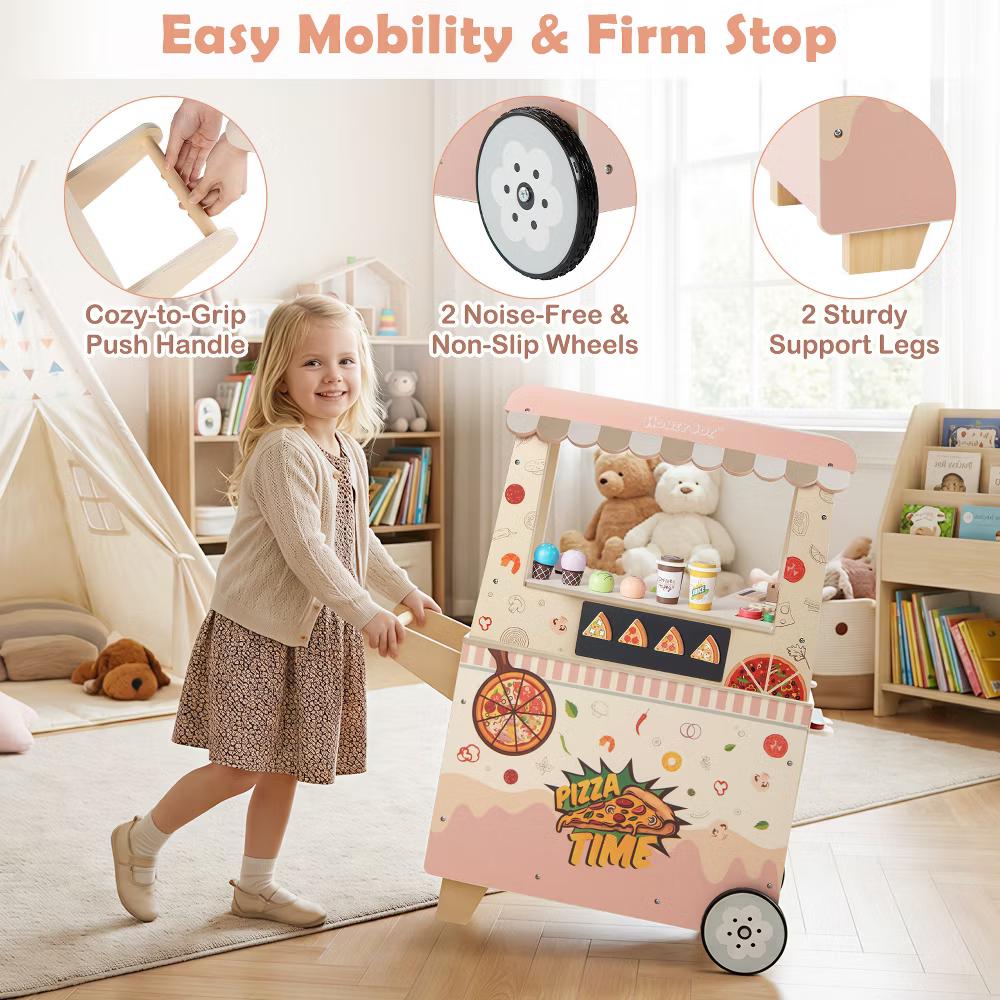 2 in 1 Pretend Play Food Truck Kids Ice Cream & Pizza Cart w/ Canopy Oven - Image 8