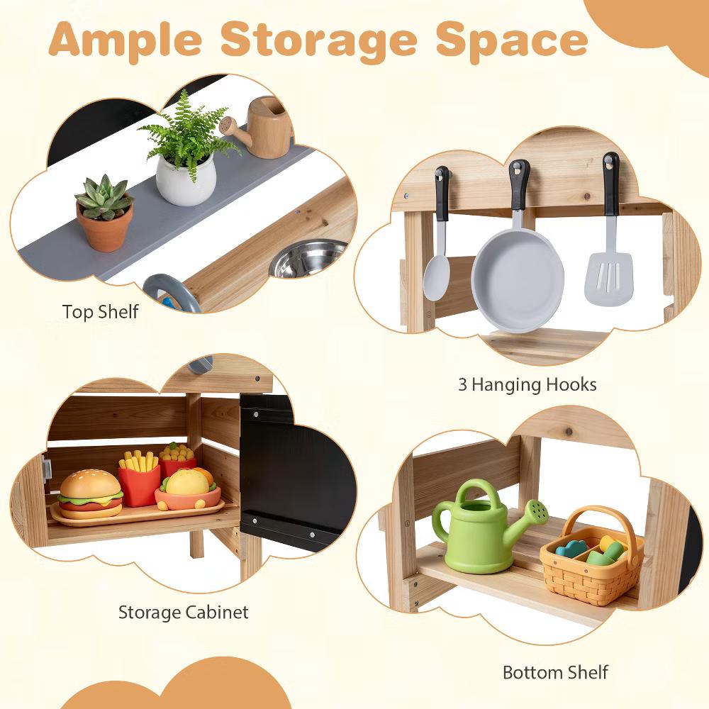 Outdoor Mud Kitchen for Kids, Wooden Play Pretend Kitchen with Cooking Accessories Natural - Image 2