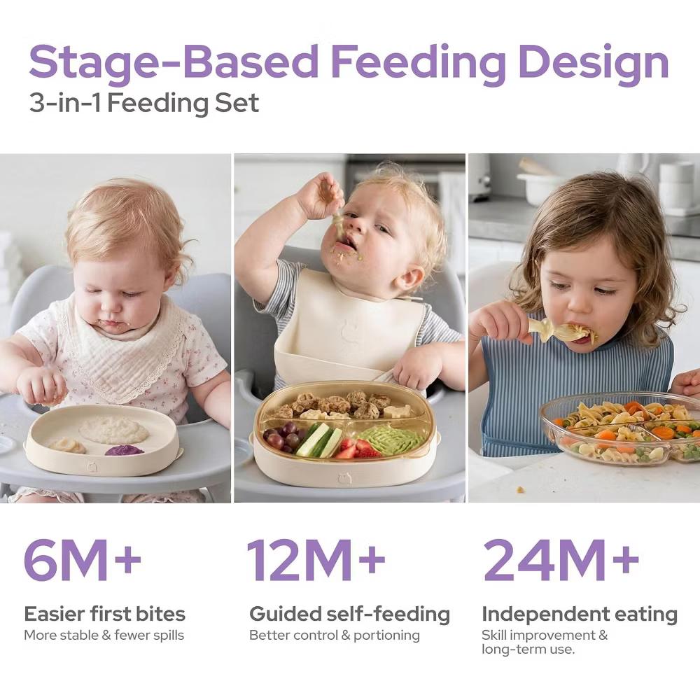 2PCS Baby Divided Dishes Plates with Suction Base for 0-3 Years Old Toddler BPA Free Non-Toxic PPSU Food Grade Silicone Microwave Oat Milk - Image 5