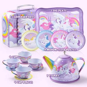 Unicorn Tea Party Set for Kids, Pretend Play Toy with Teapot, 4 Cups & Plates, Play Food & Carrying Case, Birthday Gifts for Girls Age 3 4 5 6