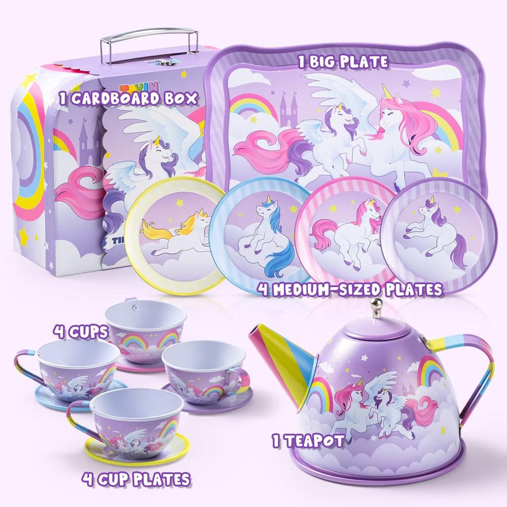 Unicorn Tea Party Set for Kids, Pretend Play Toy with Teapot, 4 Cups & Plates, Play Food & Carrying Case, Birthday Gifts for Girls Age 3 4 5 6