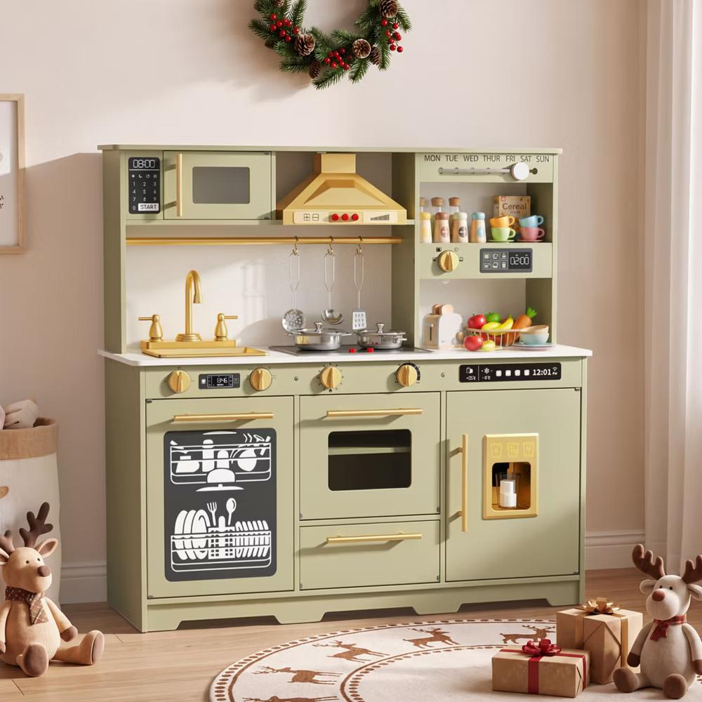 Wooden Play Kitchen for Kids with Running Water Sink, Interactive Stove, Ice Maker, Microwave, Oven & Dishwasher, Ages 3+ - Image 43