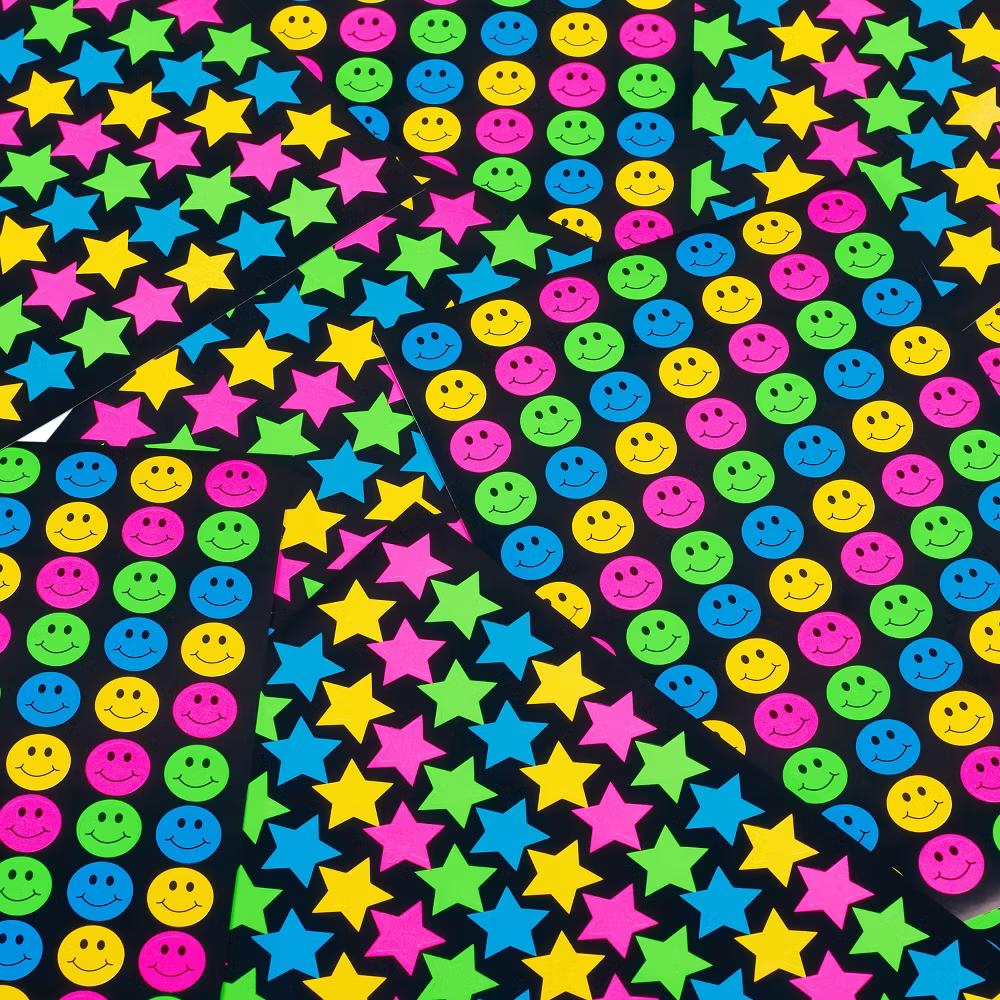Bright Neon Smiley Faces and Star Stickers 672ct - 8 Sheets - Image 4