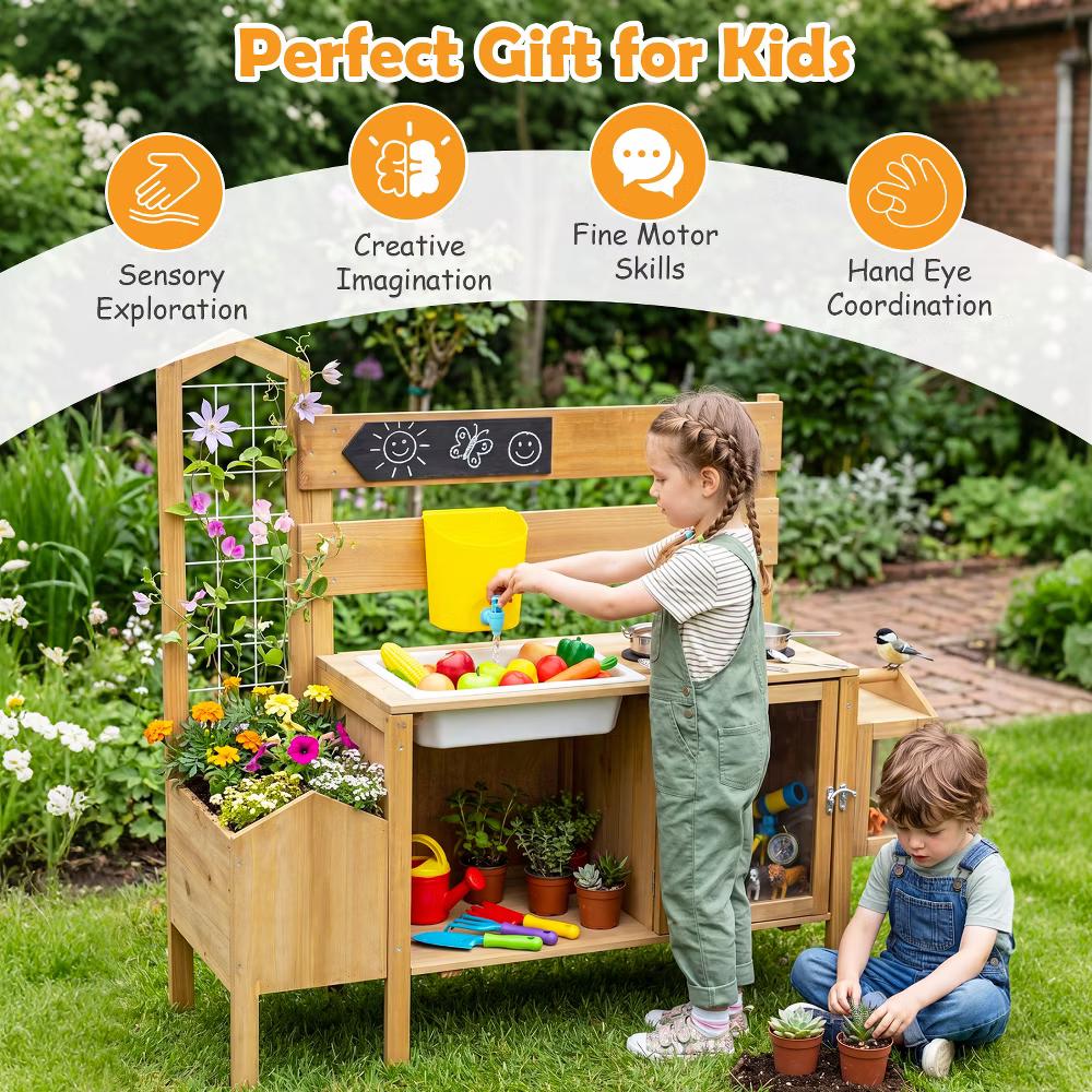 Mud Kitchen for Kids, Pretend Play Kitchen with Detachable Bird Cage,Trellis - Image 4