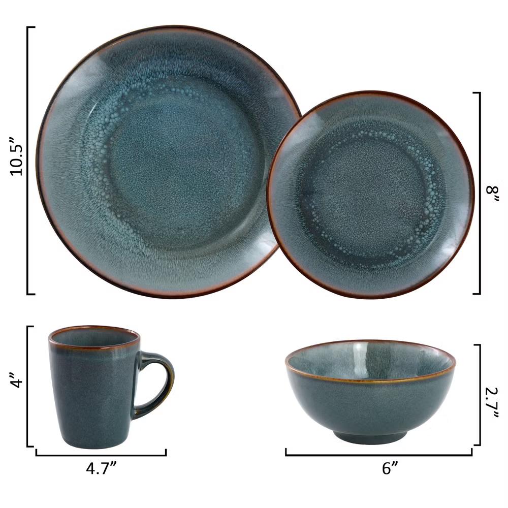 Reactive Glaze Stoneware Dinnerware Set in Blue with Brown Rim - Image 6