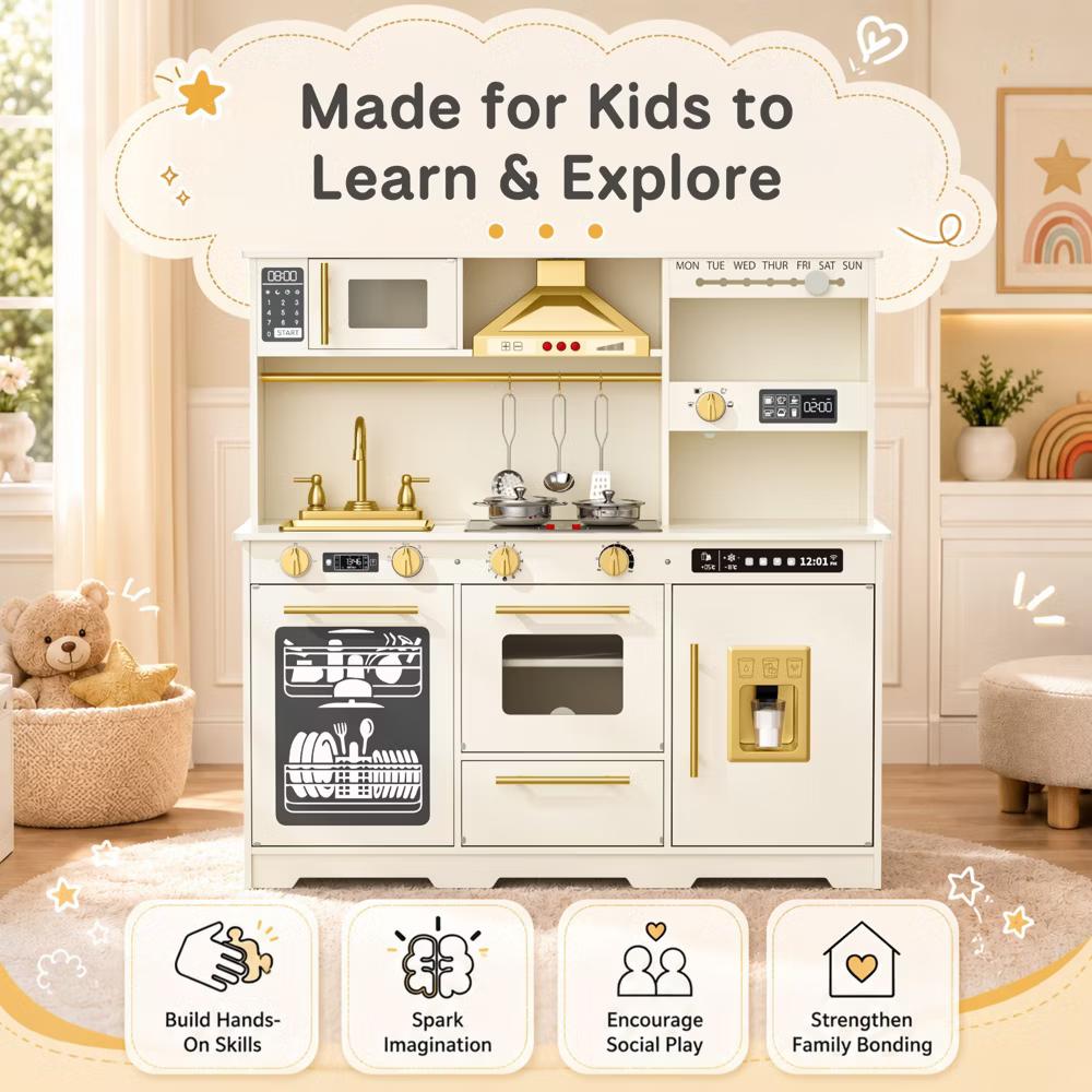 Wooden Play Kitchen for Kids with Running Water Sink, Interactive Stove, Ice Maker, Microwave, Oven & Dishwasher, Ages 3+ - Image 6