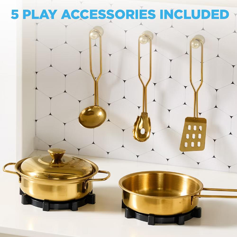 Wooden Cottage Kids Pretend Play Kitchen with 5 Accessories and Toy Storage - White - Image 31