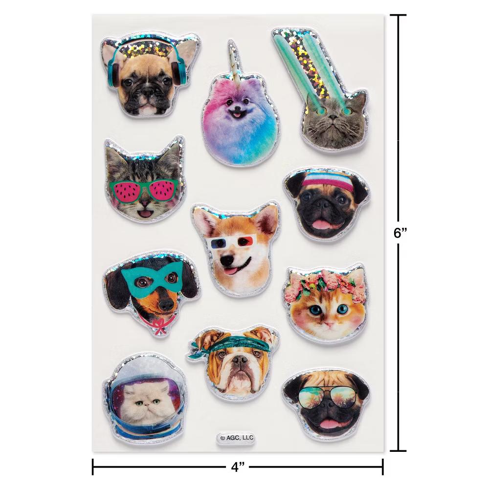 Funny Pets Puffy Stickers for Kids, 3D Sparkly Cats and Dogs 11ct, 1 Sheet - Image 2