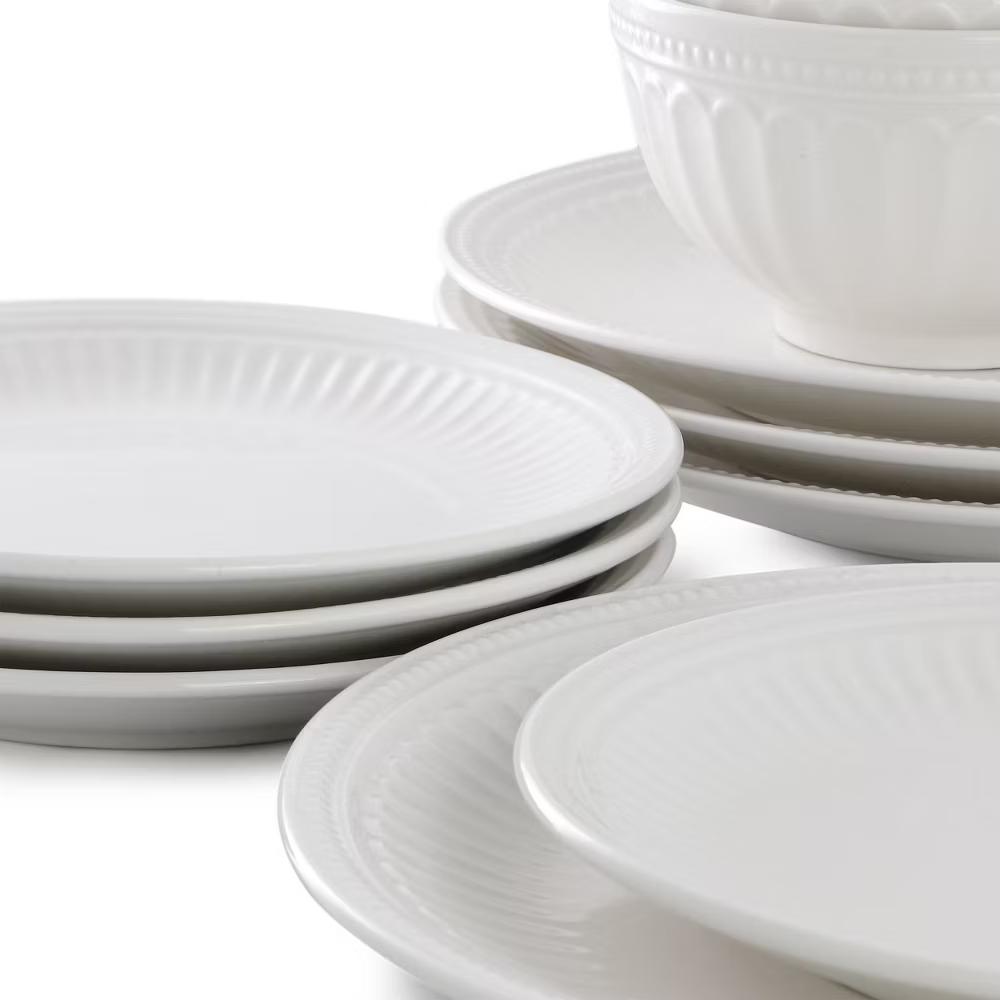 Embossed Arch and Dot Stoneware Dinnerware Set in White - Image 10