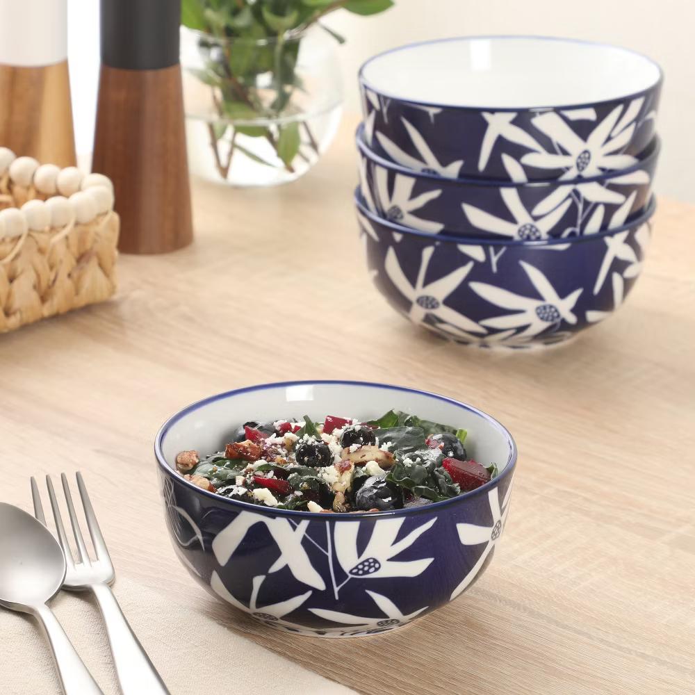 Ivory Estate 4-Piece Cereal Bowl Set, 5.5 Inch Round Stoneware Bowls, Blue & White Floral Pattern, Assorted Designs - Image 7