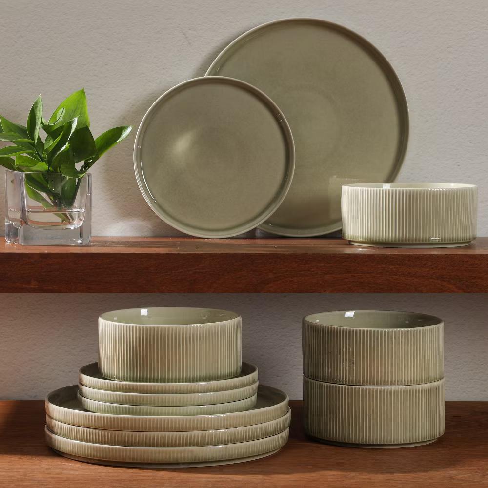 Solana Coast 12 Piece Stoneware Reactive Glaze (Service for 4) Ceramic Plates and Bowls Modern Shape Embossed Dinnerware Set - Image 6