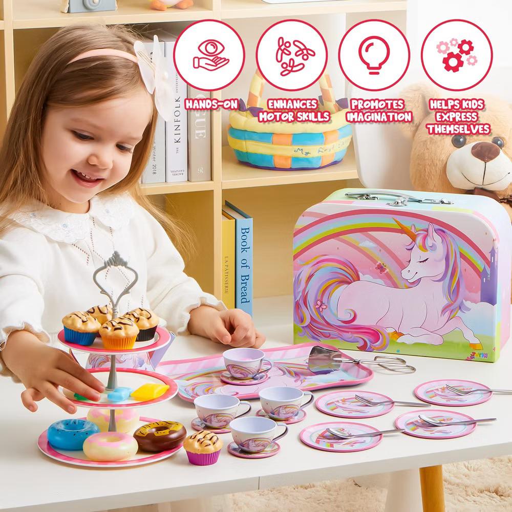35Pcs Unicorn Tea Party Set for Kids, Pretend Play Toy with Teapot, Treats & Case for Ages 3-6, Easter Birthday Gift for Girls Ages 3 4 5 6 - Image 7