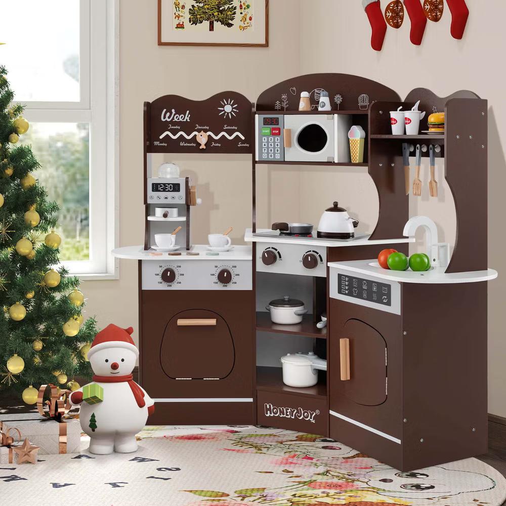 Corner Kitchen Playset with Coffee Machine Oven Microwave Washing Machine White/Brown/Pink - Image 9